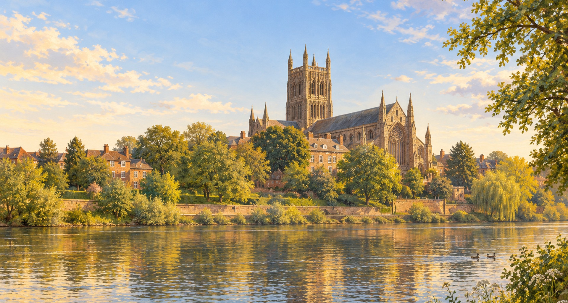 Artist's impression of Worcester Cathedral across the River Severn